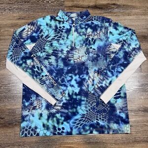 Huk Fishing Pullover Mens L Blue White Patterned Quarter Zip Performance Outdoor